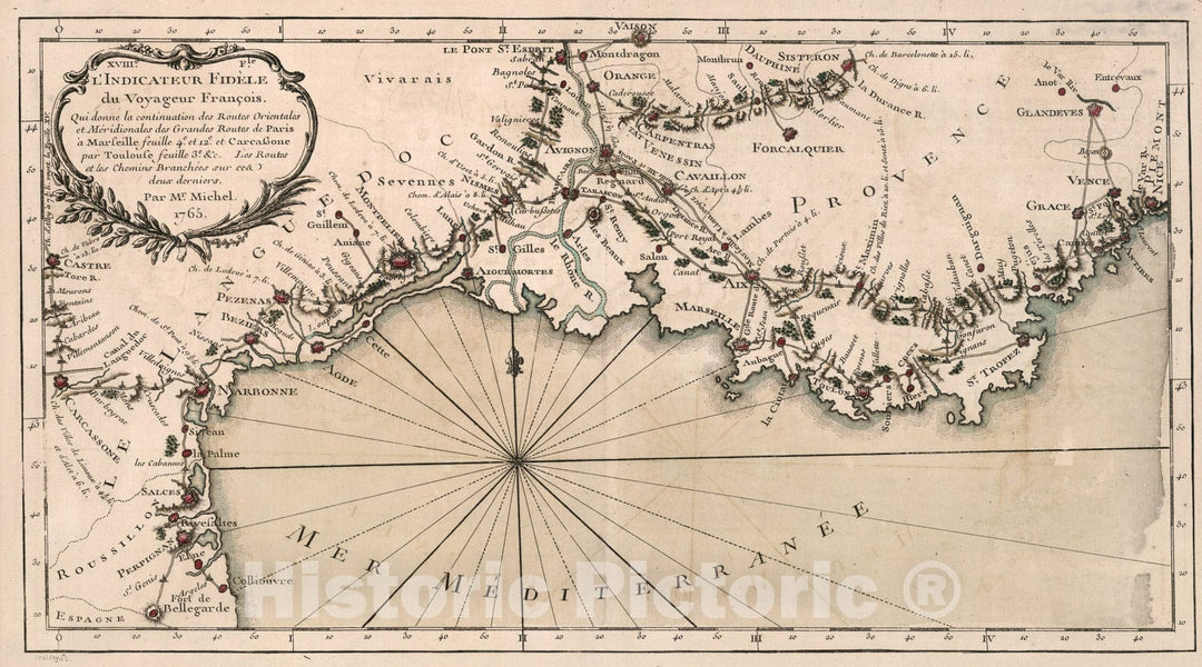 Historic Map : XVIIIe. Feuille. Qui donne la continuation des routes orientales et meridionales des grandes routes de Paris a? Marseille, 1765, Vintage Wall Decor