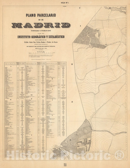 Historic Map : Title Page/Index: Hoja No. 1. Plano parcelario de Madrid, 1874, Vintage Wall Decor