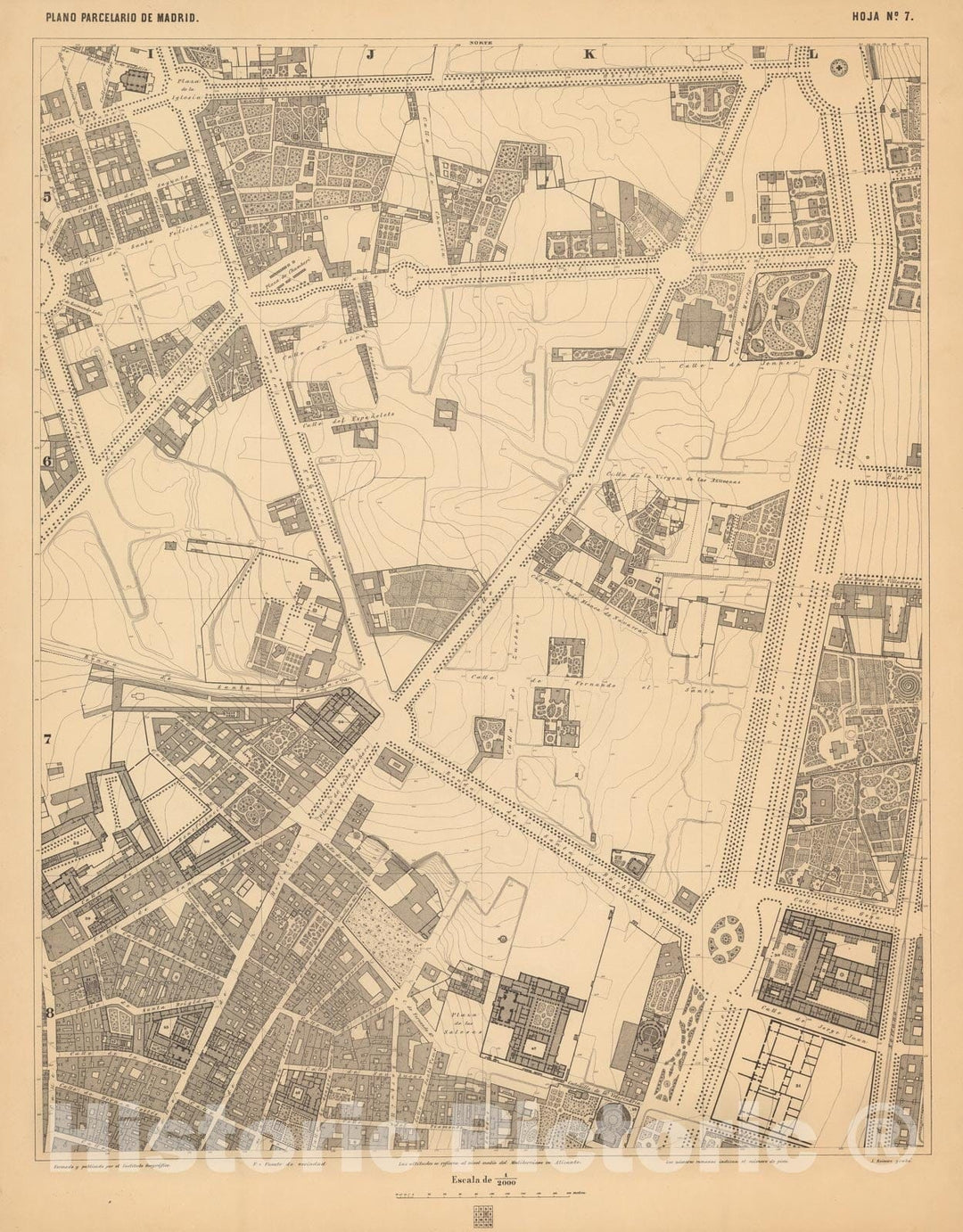 Historic Map : Hoja No. 7. Plano parcelario de Madrid, 1874, Vintage Wall Decor