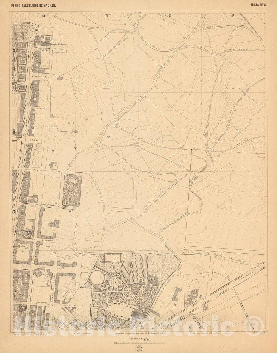 Historic Map : Hoja No. 8. Plano parcelario de Madrid, 1874, Vintage Wall Decor