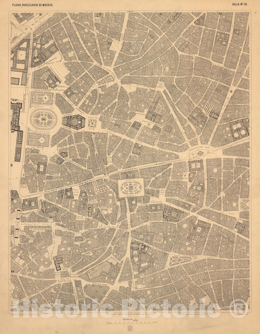 Historic Map : Hoja No. 10. Plano parcelario de Madrid, 1874, Vintage Wall Decor