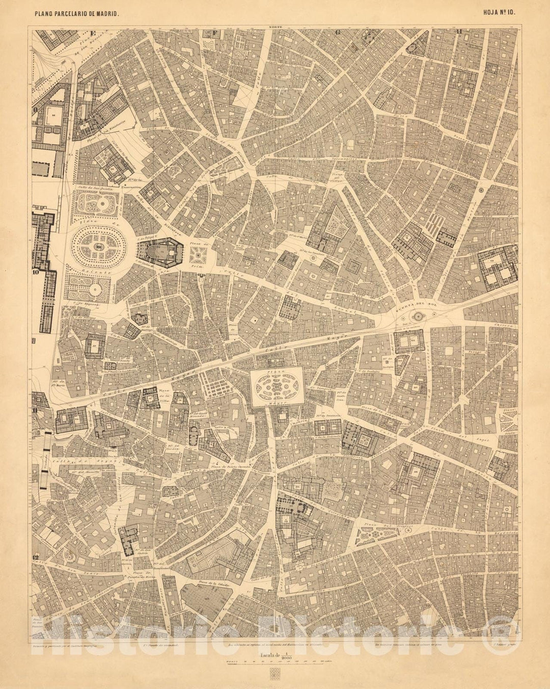 Historic Map : Hoja No. 10. Plano parcelario de Madrid, 1874, Vintage Wall Decor