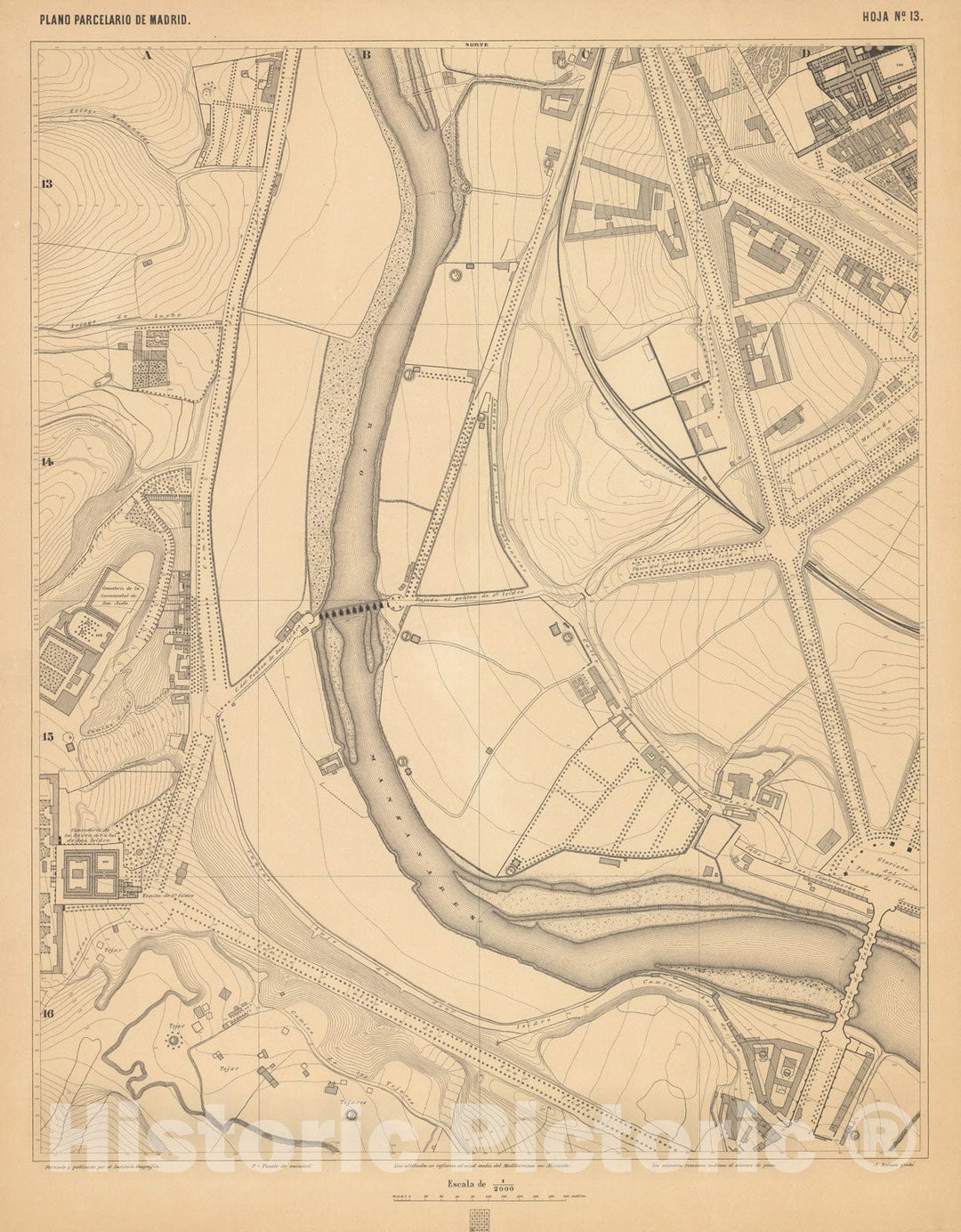 Historic Map : Hoja No. 13. Plano parcelario de Madrid, 1874, Vintage Wall Decor