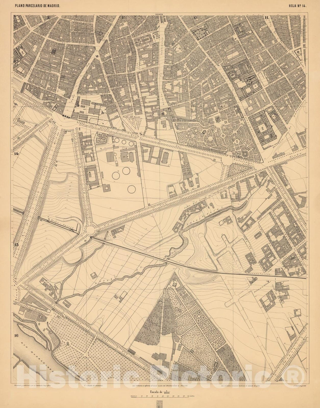 Historic Map : Hoja No. 14. Plano parcelario de Madrid, 1874, Vintage Wall Decor