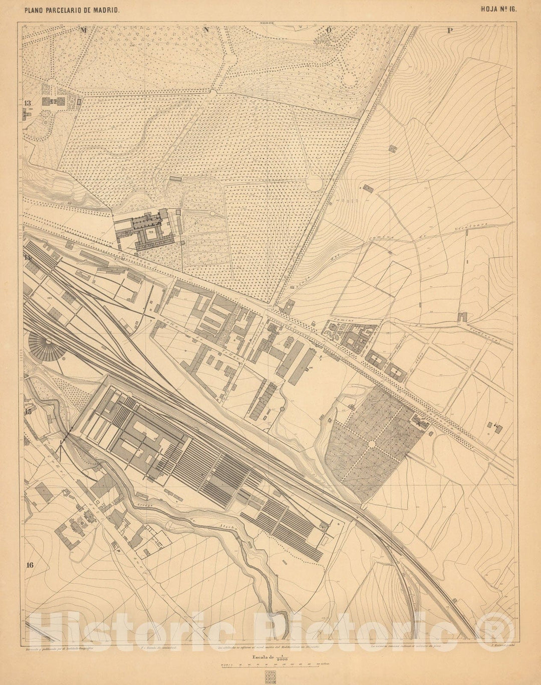 Historic Map : Hoja No. 16. Plano parcelario de Madrid, 1874, Vintage Wall Decor