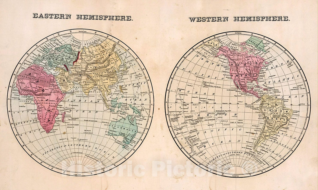 Historic Map : Eastern Hemisphere. Western Hemisphere., 1856, Vintage Wall Decor