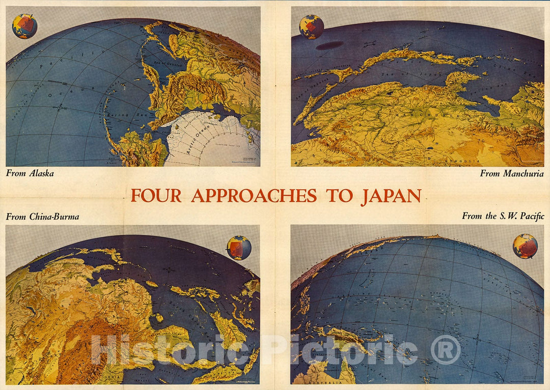 Historic Map : Four Approaches to Japan: From Alaska, China-Burma, Manchuria, S.W. Pacific. Newsmap. Monday, May 8, 1944., 1944, Vintage Wall Decor