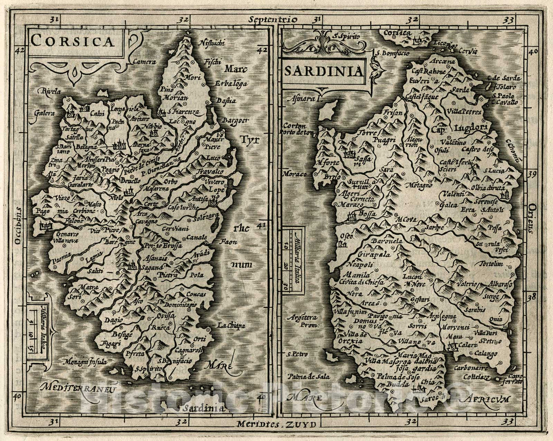 Historic Map : Corsica & Sardinia, 1607, Vintage Wall Decor