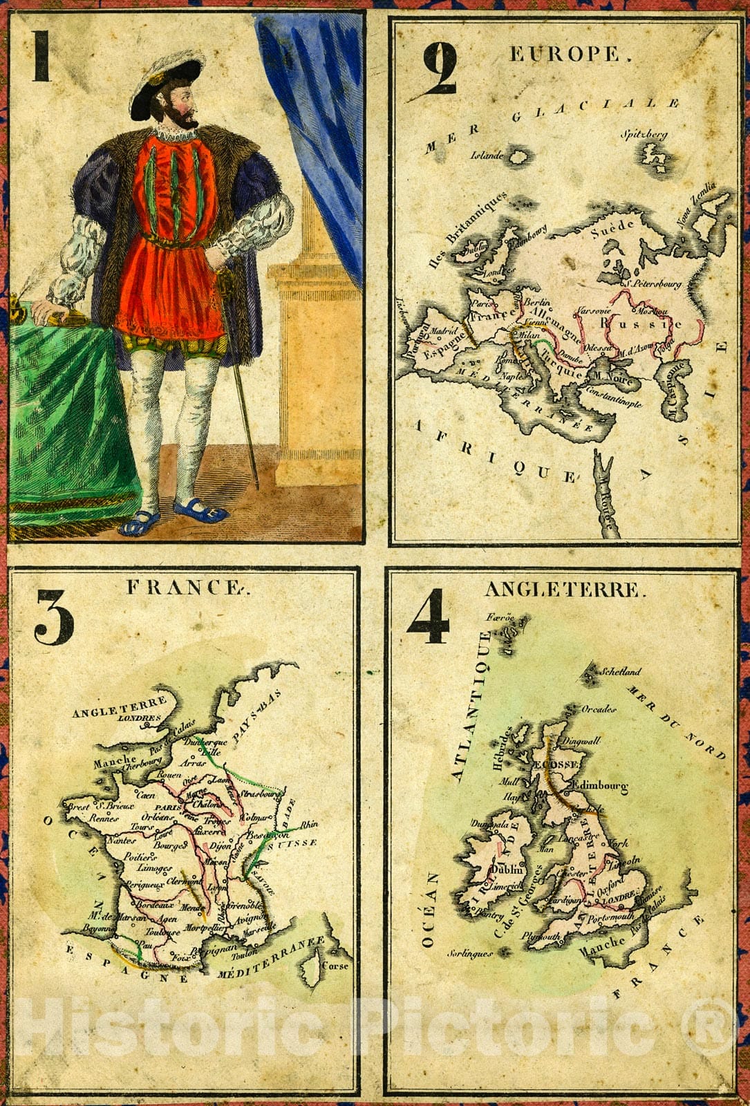 Historic Map : Playing card- maps. Europe. France. Angleterre., 1842, Vintage Wall Decor