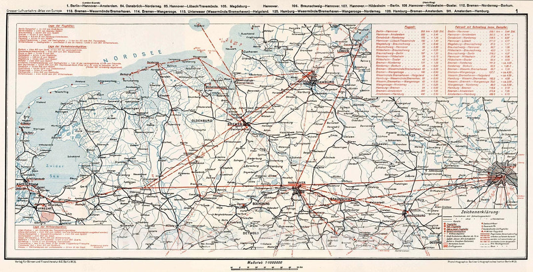 Historic Map : Northern Germany and Holland Airline Route Map, 1928, Vintage Wall Decor