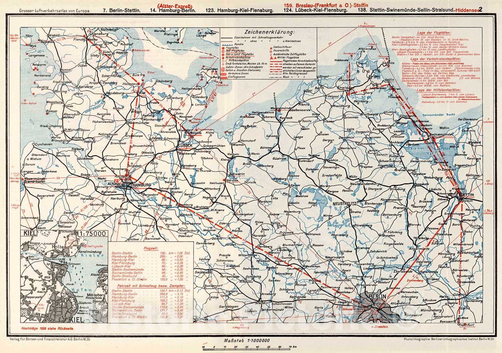 Historic Map : Northern Germany Airline Route Map. (inset Airport Location)., 1928, Vintage Wall Decor