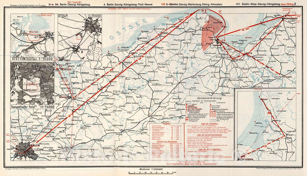 Historic Map : Northern Germany and Poland Airline Route Maps. (insets) (Airport Locations)., 1928, Vintage Wall Decor