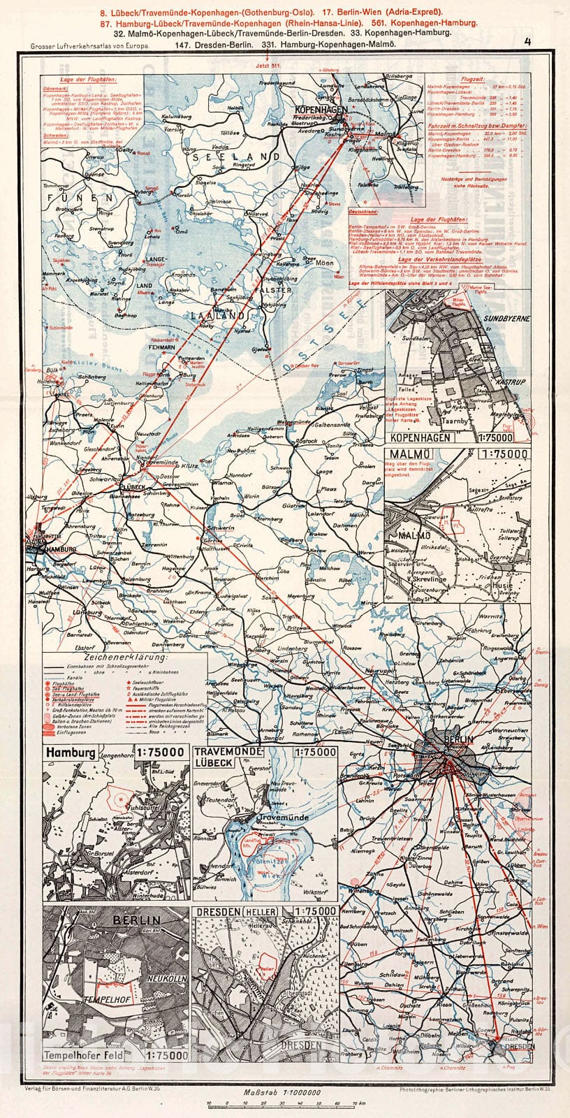 Historic Map : Denmark and Northern Germany Airline Route Map. (insets) (Airport Locations)., 1928, Vintage Wall Decor