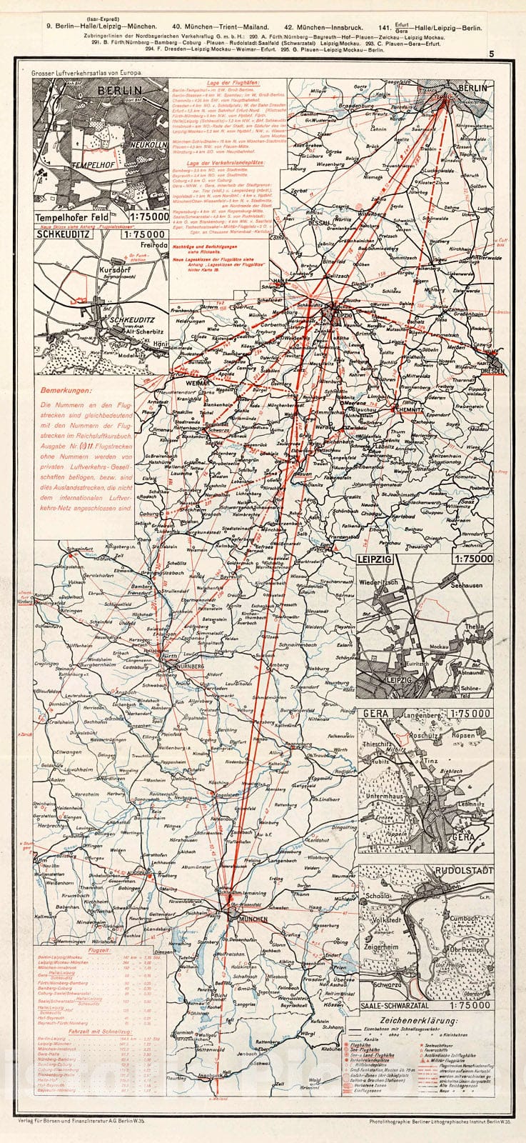 Historic Map : Central Germany Airline Route Map. (inset) (Airport Locations)., 1928, Vintage Wall Decor