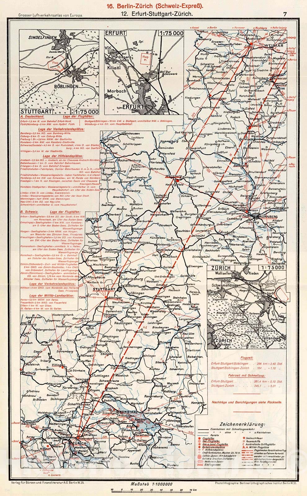 Historic Map : Southern Germany - Switzerland Airline Route Maps. (insets) (Airport Location)., 1928, Vintage Wall Decor