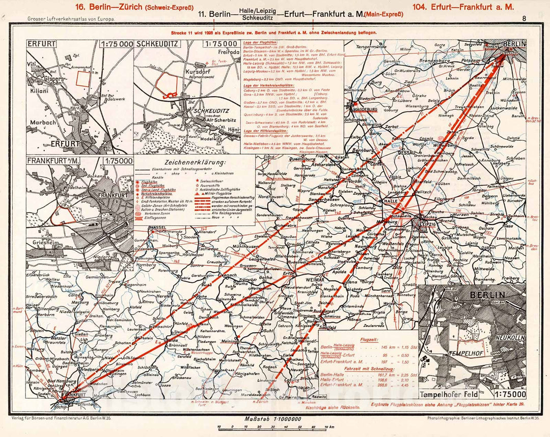 Historic Map : Central Germany Airline Routes. (insets) (Airport Locations)., 1928, Vintage Wall Decor