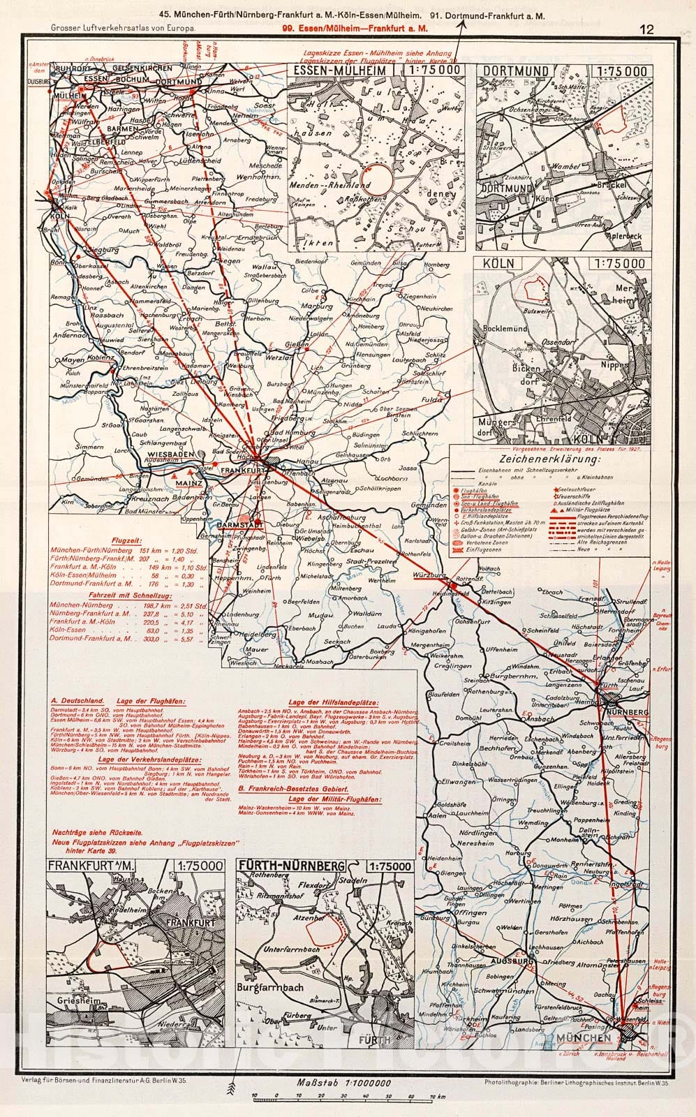 Historic Map : (West Central Germany Airline Routes)., 1928, Vintage Wall Decor