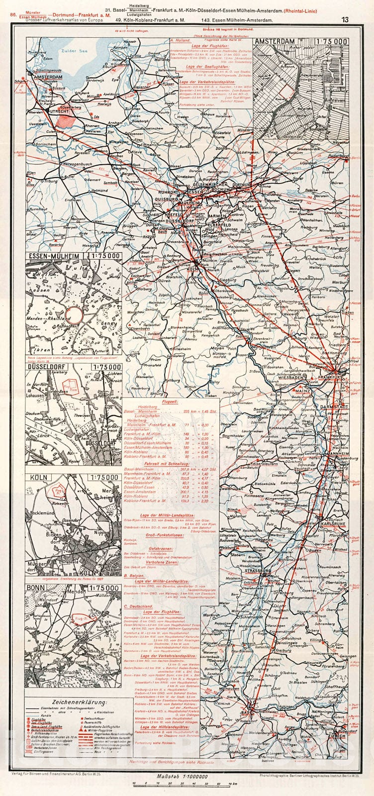 Historic Map : (Western Germany - Switzerland Air Routes)., 1928, Vintage Wall Decor