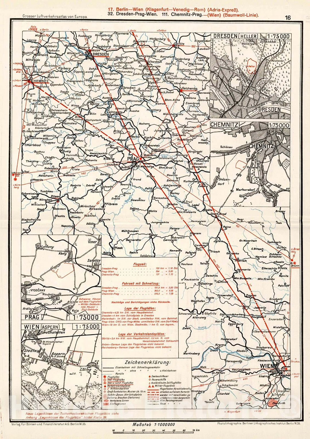 Historic Map : (Czechoslovakia - Austria Airlines Routes). (insets) (Airport Locations)., 1928, Vintage Wall Decor