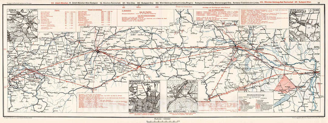 Historic Map : (Switzerland - Germany - Austria Airline Routes). (insets) (Airport Locations)., 1928, Vintage Wall Decor