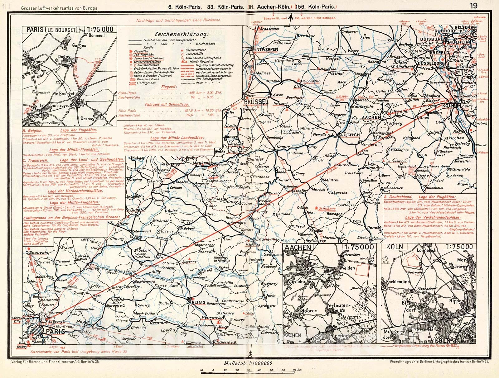 Historic Map : (France - Germany Air Routes)., 1928, Vintage Wall Decor