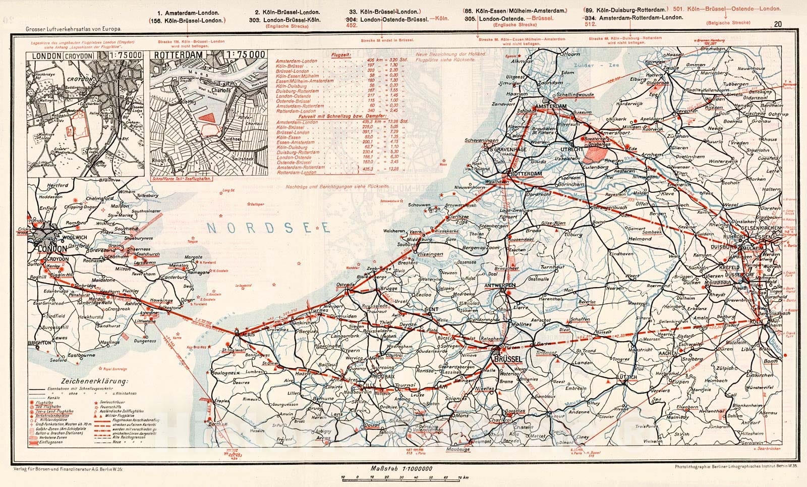 Historic Map : (England - France - Belgium - Holland - Germany Airline Routes). (insets) (Airport Locations)., 1928, Vintage Wall Decor