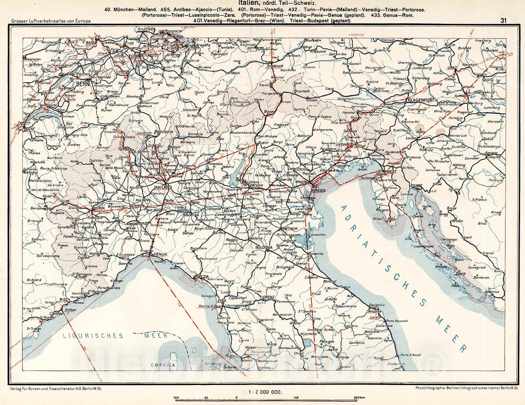 Historic Map : (Switzerland - Italy - Slovania - Croatia Airline Routes)., 1928, Vintage Wall Decor