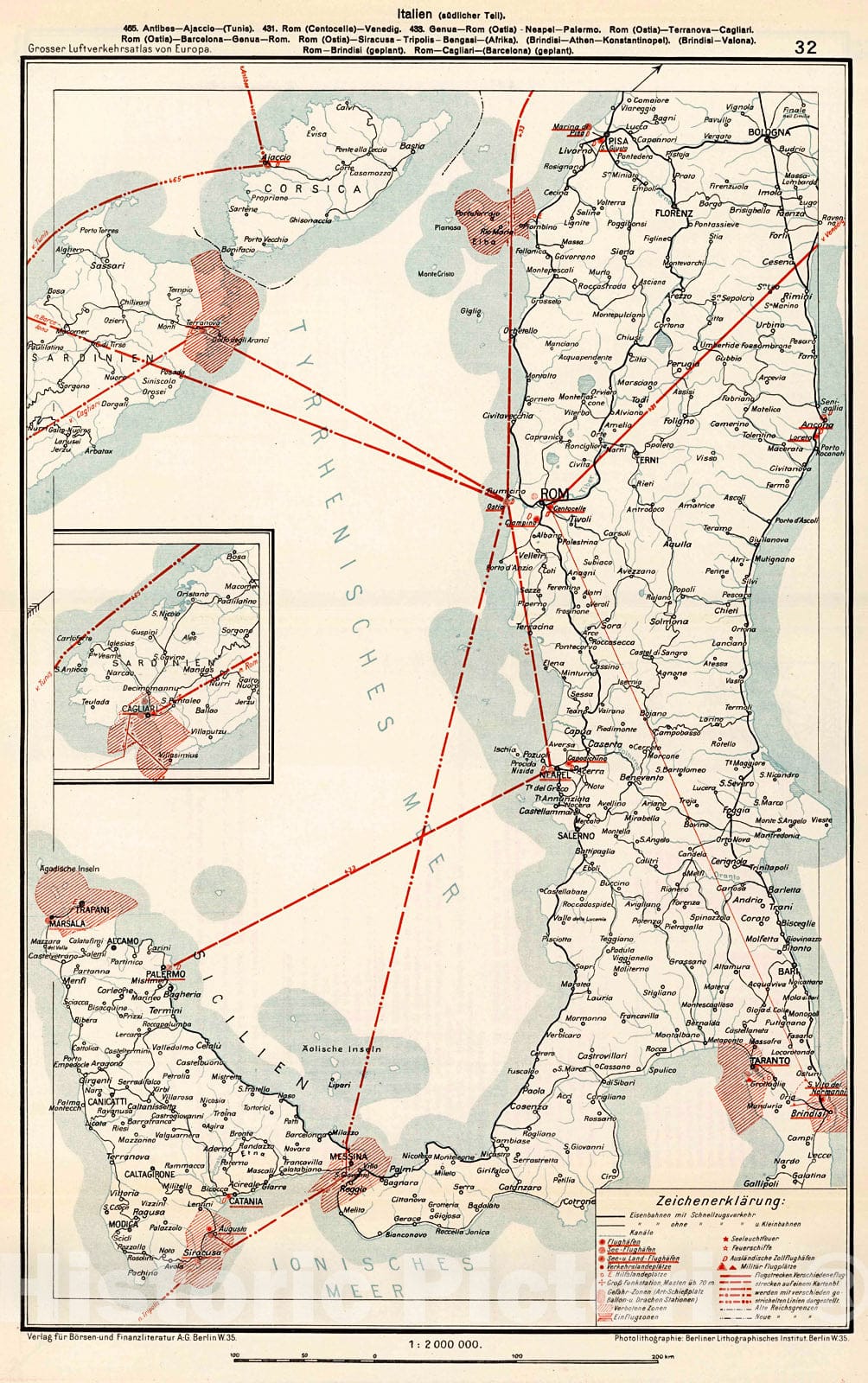 Historic Map : (Italy - Corsica Airline Route)., 1928, Vintage Wall Decor