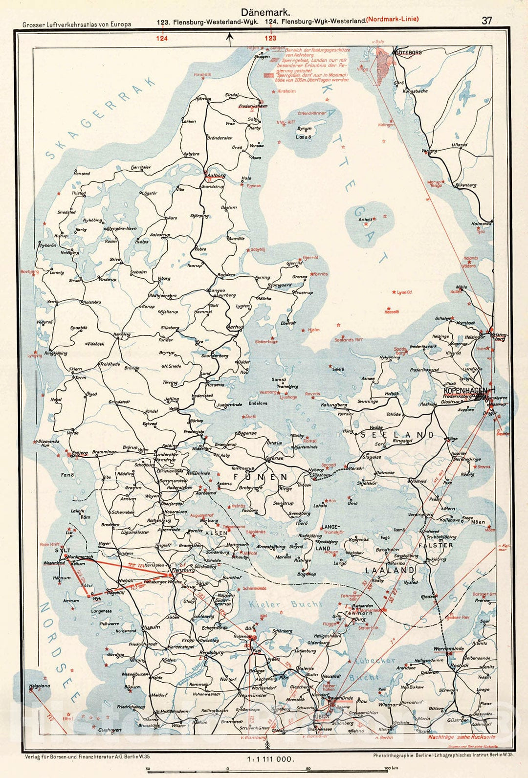 Historic Map : (Denmark - Germany Airline Routes)., 1928, Vintage Wall Decor