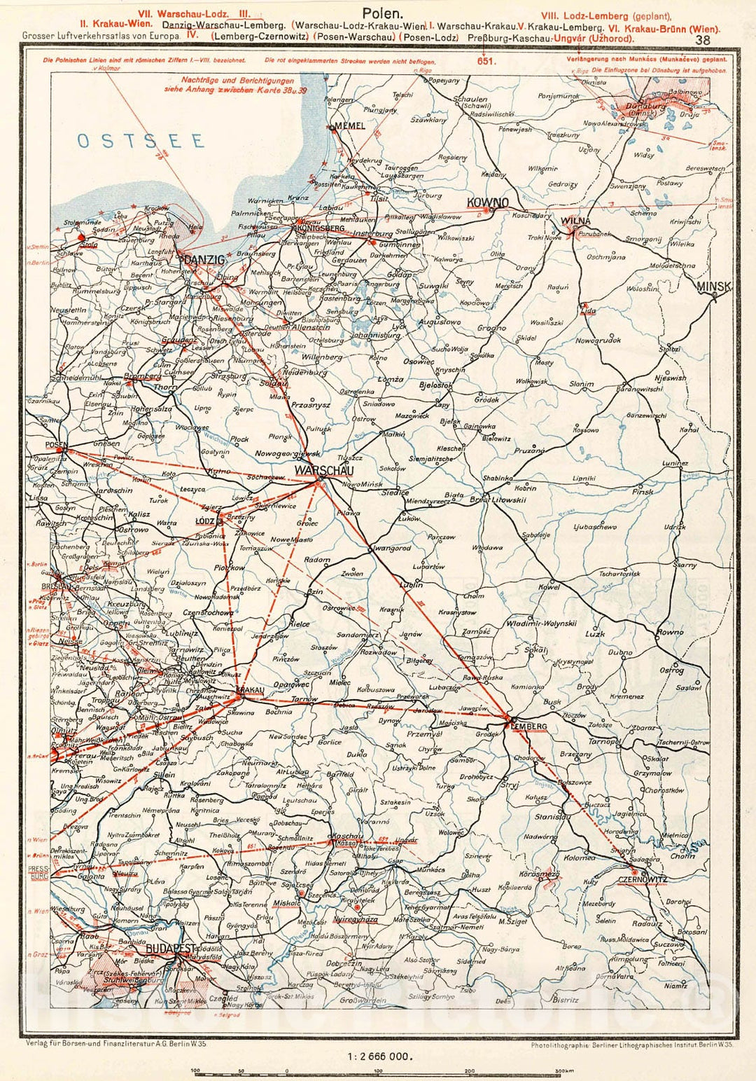 Historic Map : (Poland - Kaliningrad - Russian Federation Air Routes)., 1928, Vintage Wall Decor