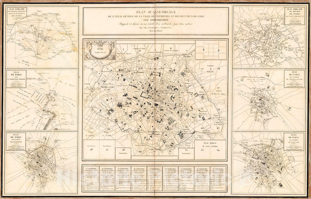 Historic Map : Paris Sheets 8-9: Plan d'Assemblage, 1836, Vintage Wall Decor