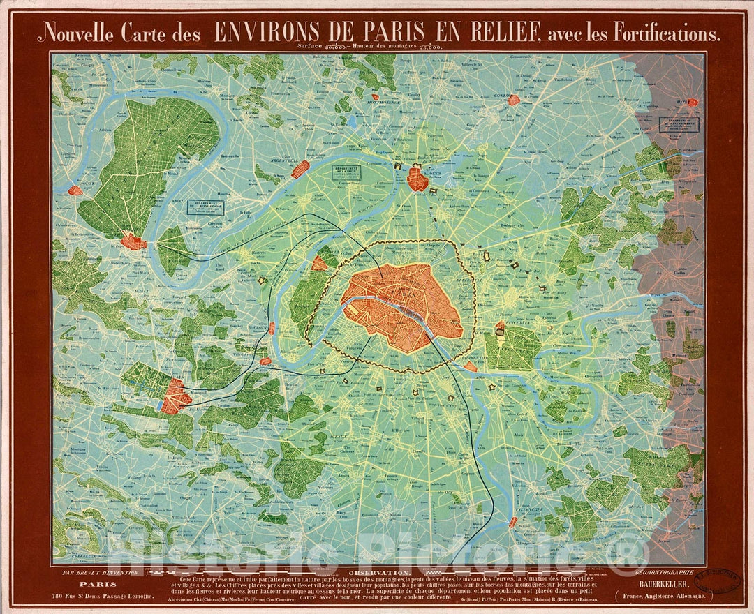 Historic Map : Nouvelle Carte des Environs de Paris en Relief, avec les Fortifications., 1843, Vintage Wall Decor