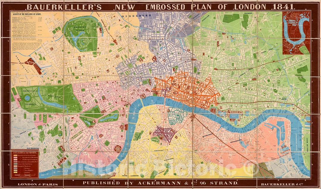 Historic Map : Bauerkeller's New Embossed Plan of London and its Environs 1841., 1841, Vintage Wall Decor