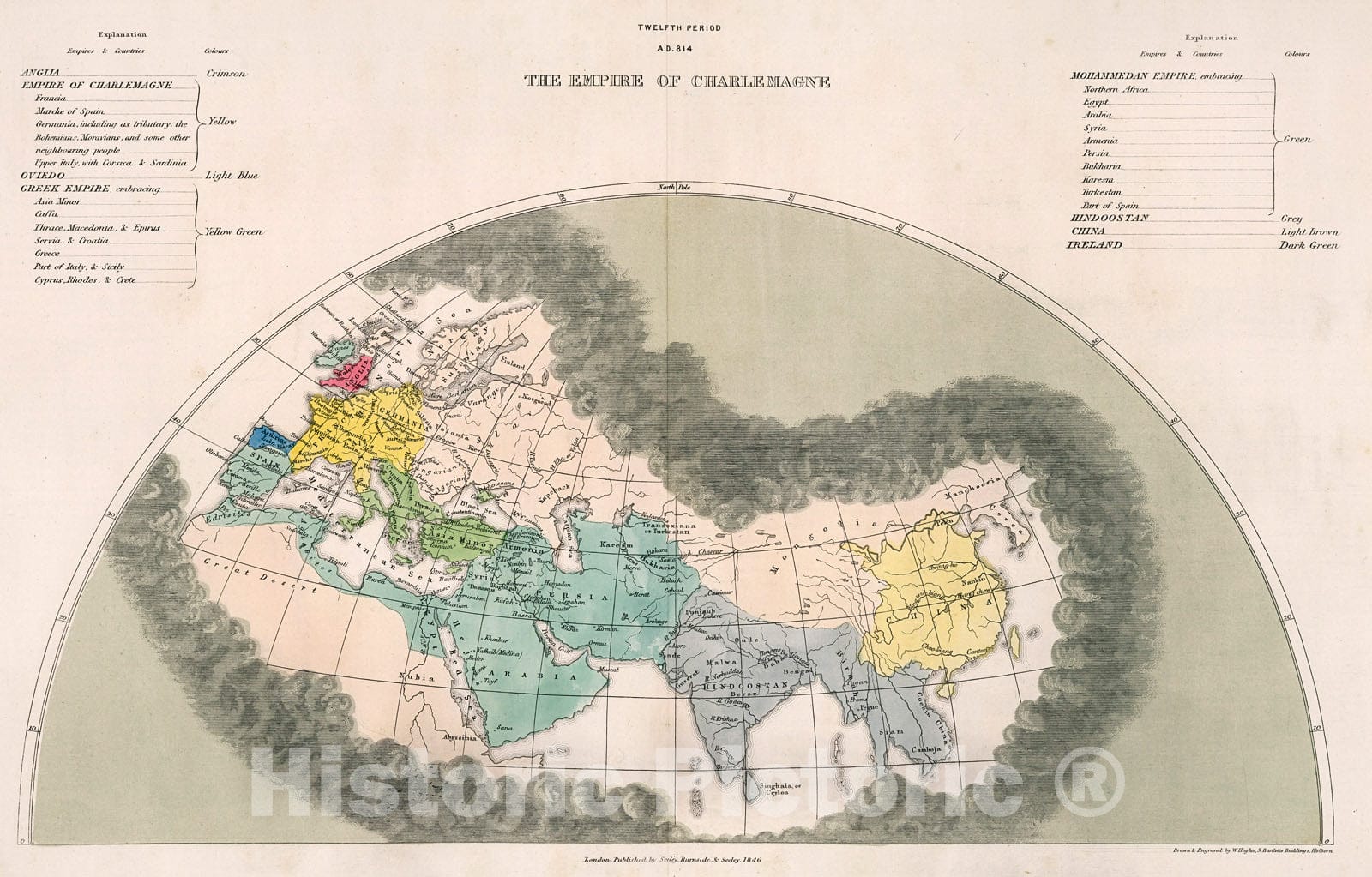 Historic Map : Twelfth period : A.D. 814. Exhibiting The Empire Of Charlemagne, 1856, Vintage Wall Decor