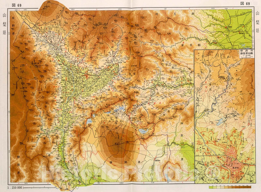 Historic Map : Yamanashi Prefecture, Japan, 1956, Vintage Wall Decor