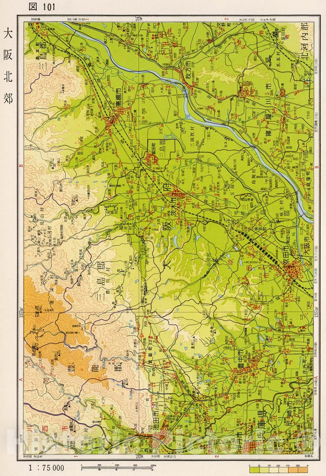 Historic Map : Osaka Northern suburbs, Japan, 1956, Vintage Wall Decor