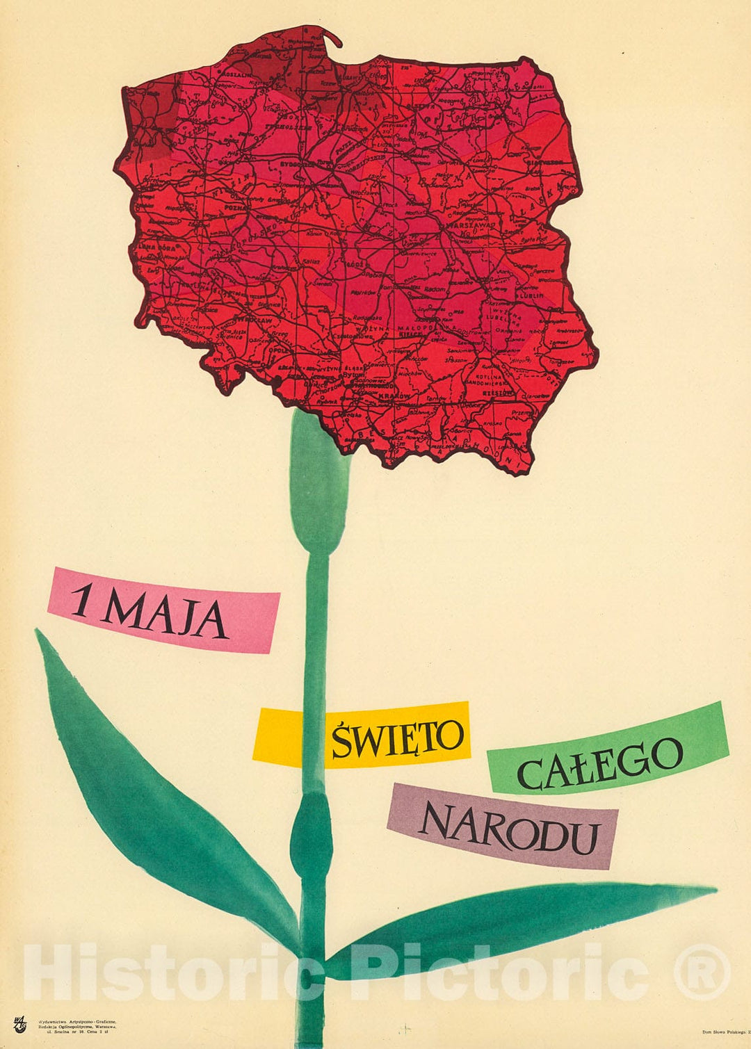 Historic Map : Maja Swieto Calego Narodu. (Poland as a Red Carnation), 1956, Vintage Wall Decor