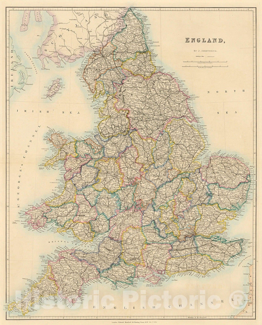 Historic Map : England, 1884, Vintage Wall Decor