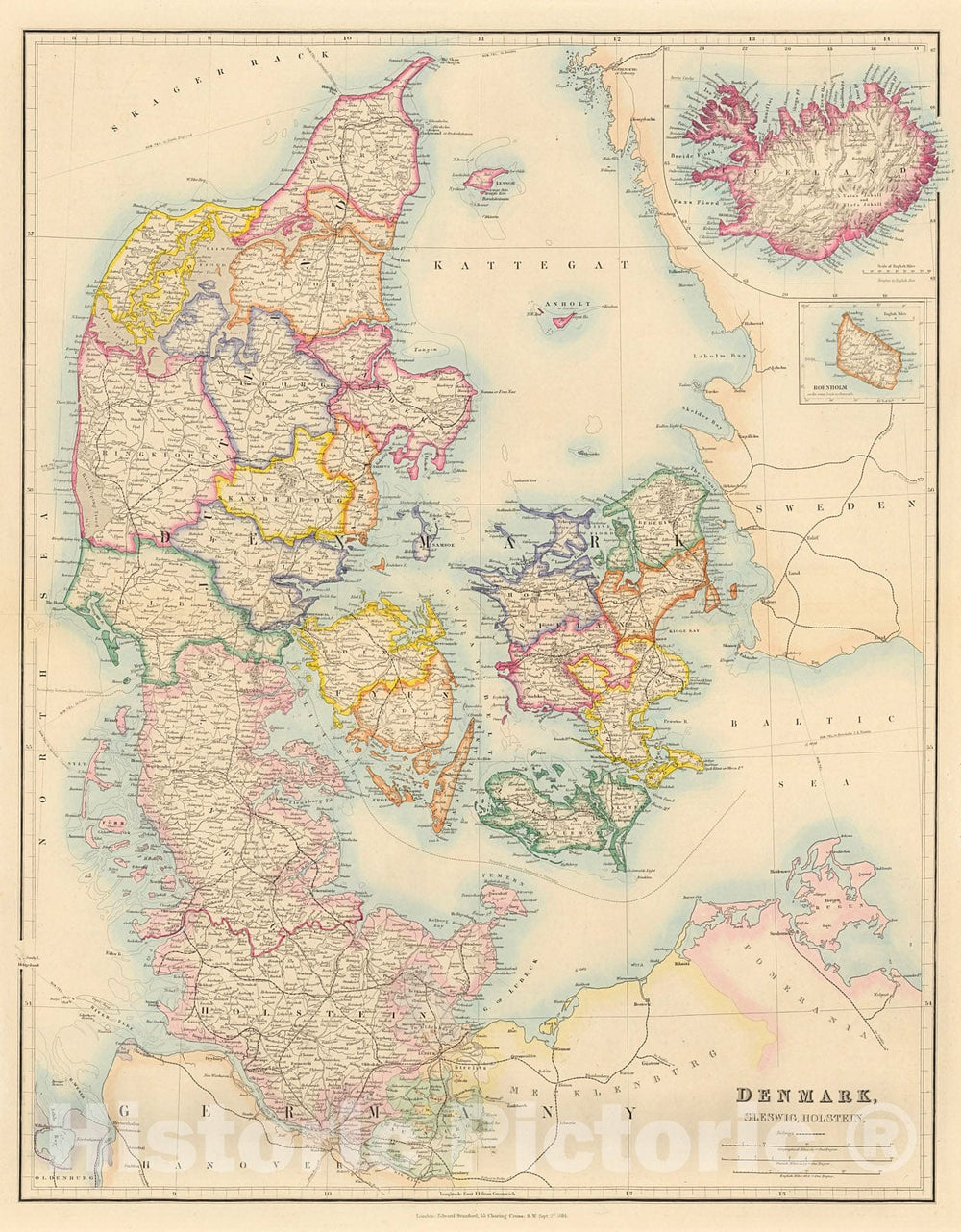 Historic Map : Denmark, Sleswig, Holtein, 1884, Vintage Wall Decor