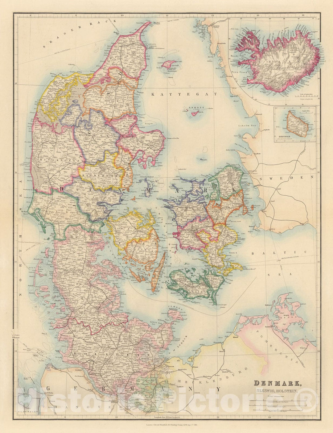 Historic Map : Denmark, Sleswig, Holtein, 1884, Vintage Wall Decor