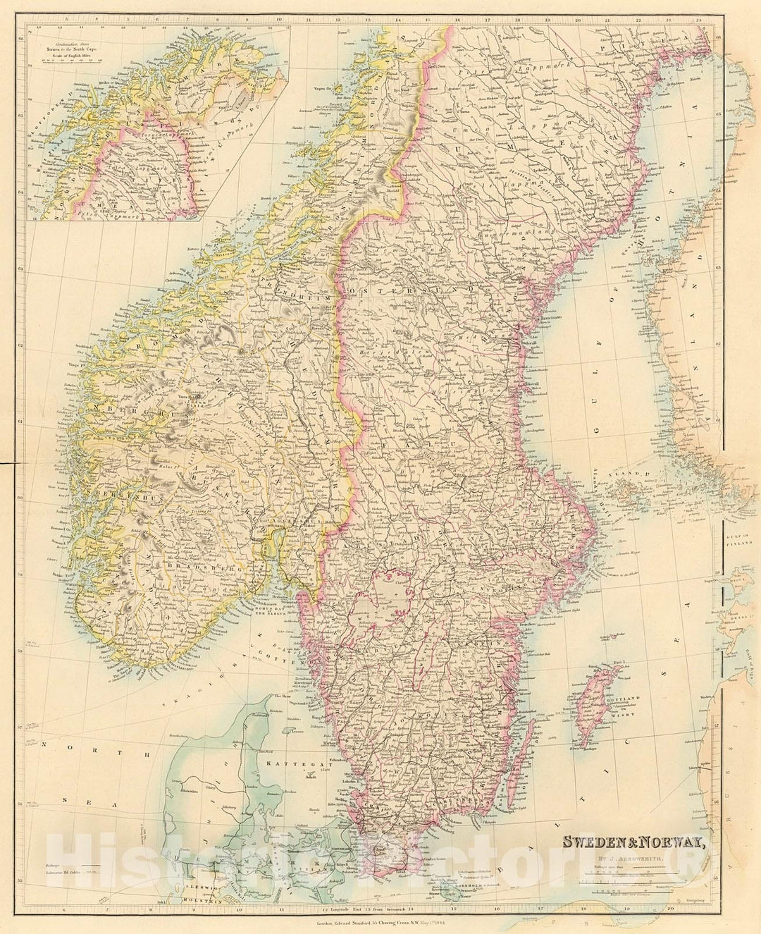 Historic Map : Sweden and Norway, 1884, Vintage Wall Decor