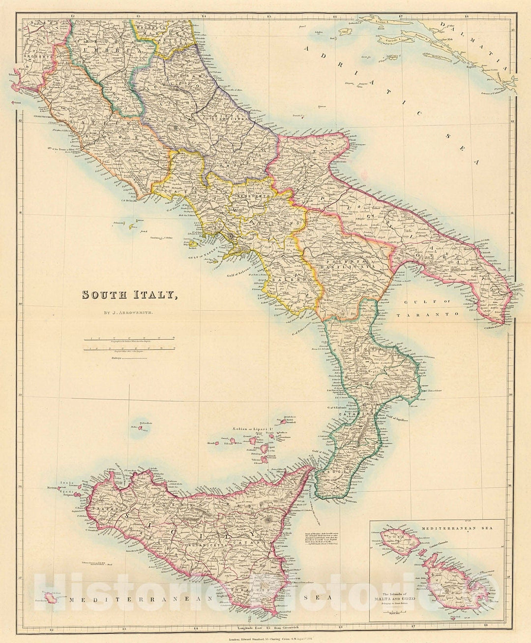 Historic Map : South Italy, 1884, Vintage Wall Decor