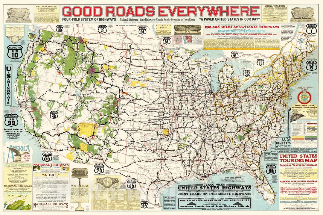 Historic Map : Good roads everywhere : Four fold system of highways-national highways-state highways, 1926, Vintage Wall Decor