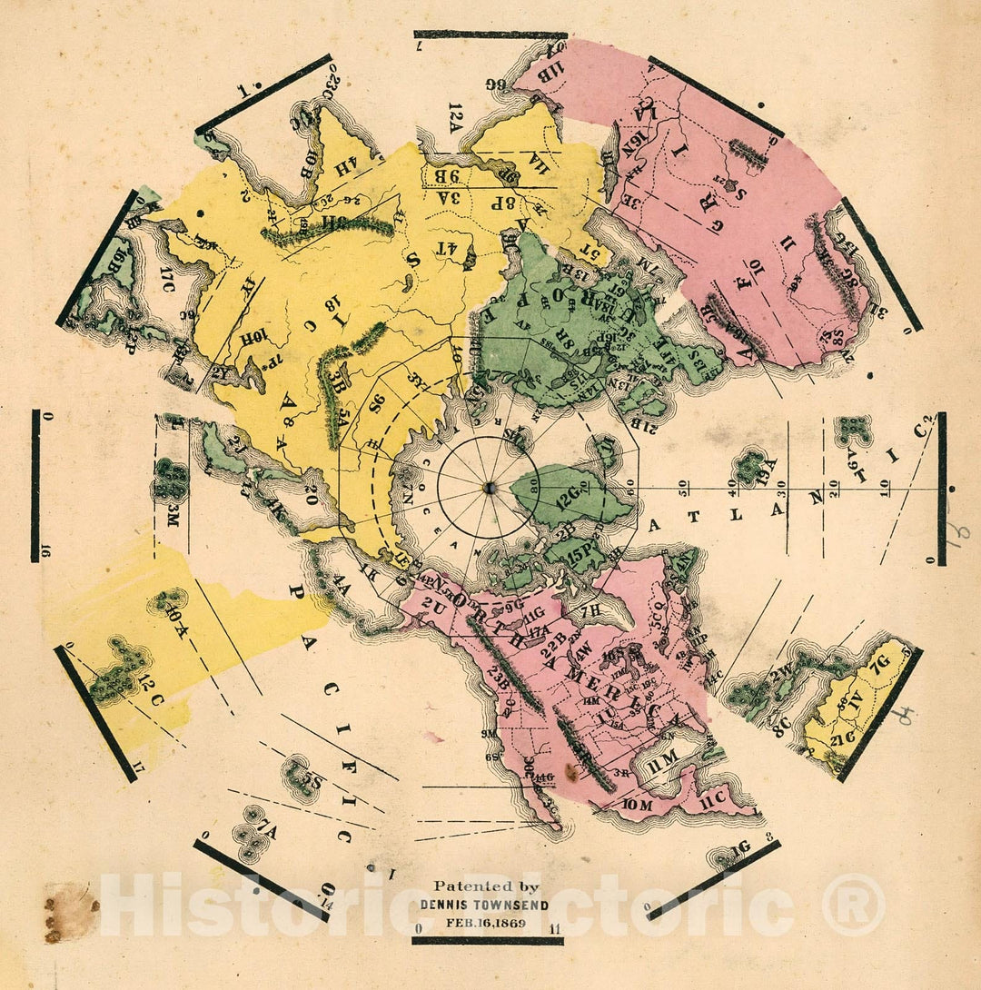 Historic Map : Globe Gores: (Northern Hemisphere). Patented by Dennis Townsend, Feb. 16, 1869., 1869, Vintage Wall Decor