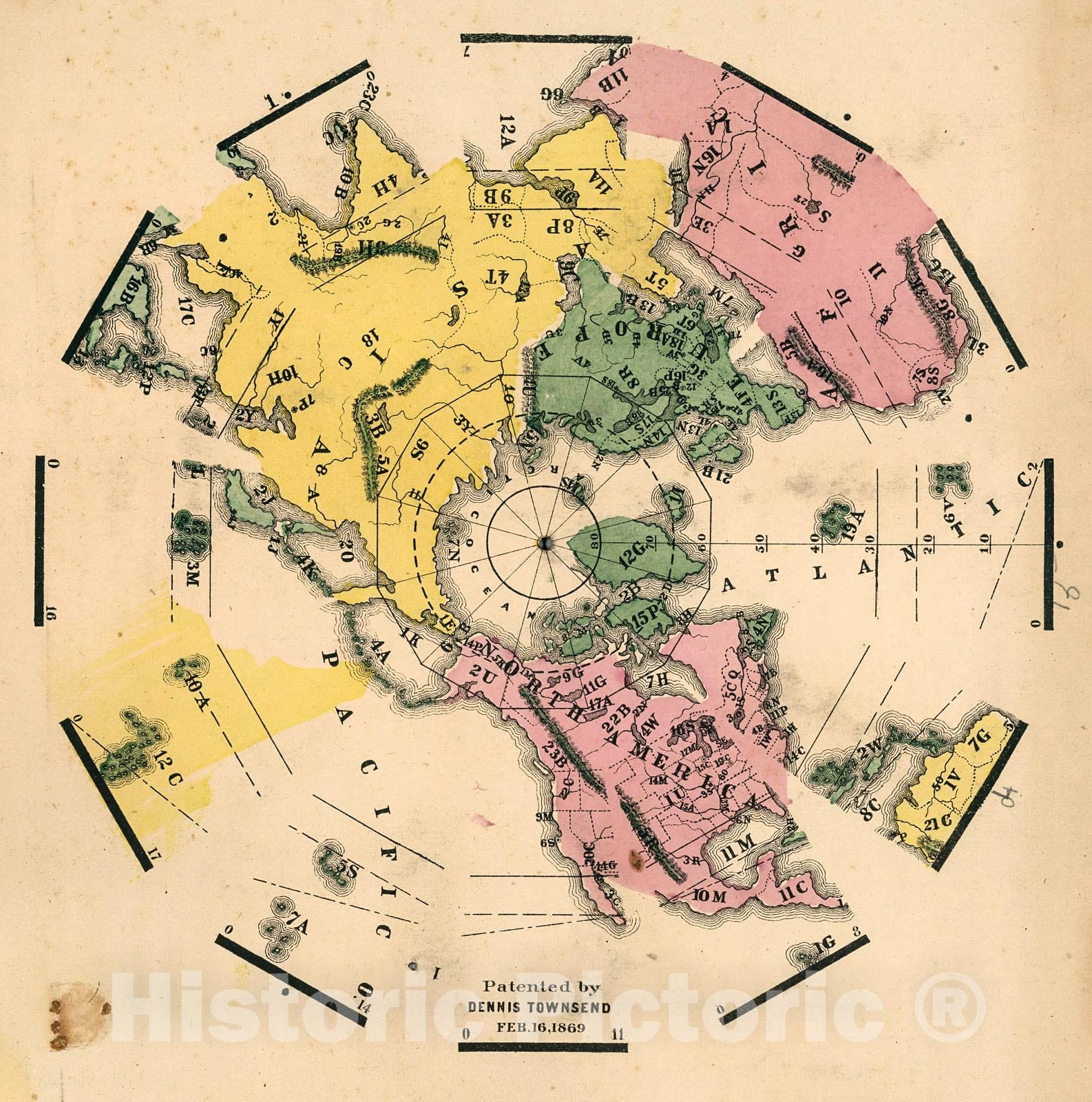 Historic Map : Globe Gores: (Northern Hemisphere). Patented by Dennis Townsend, Feb. 16, 1869., 1869, Vintage Wall Decor