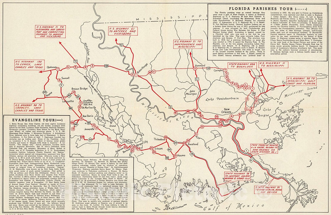 Historic Map : Evangeline Tour (Louisiana). Florida Parishes Tour (Florida)., 1930, Vintage Wall Decor