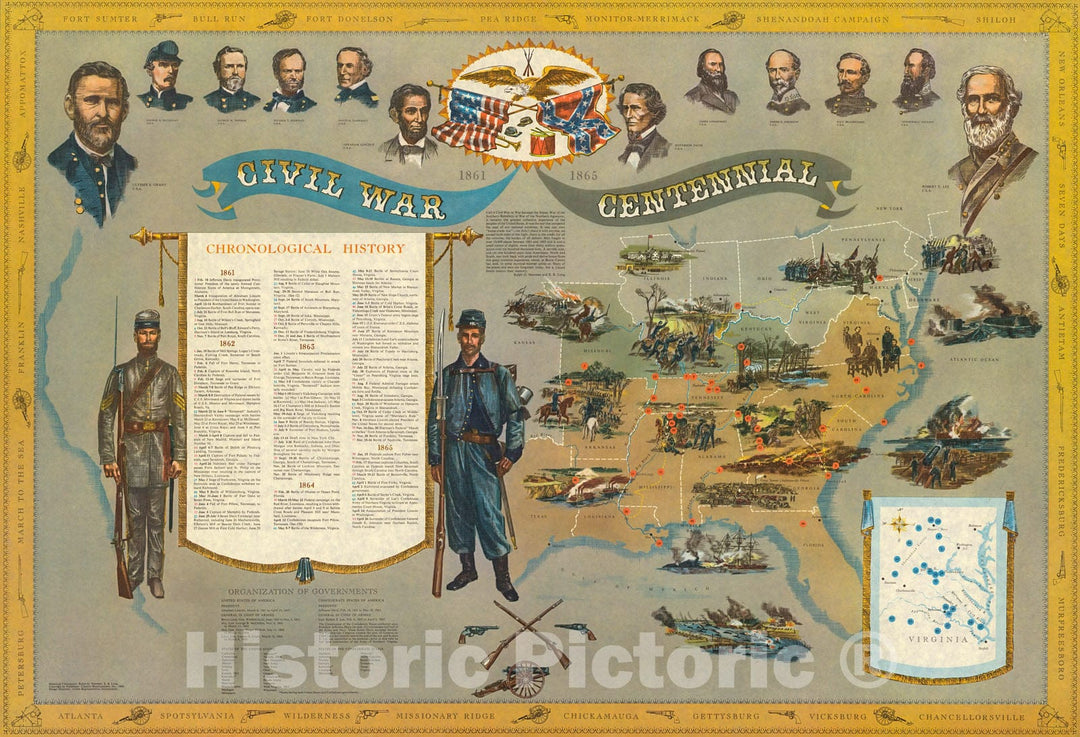 Historic Map : 1865 Civil War Centennial., 1960, Vintage Wall Decor