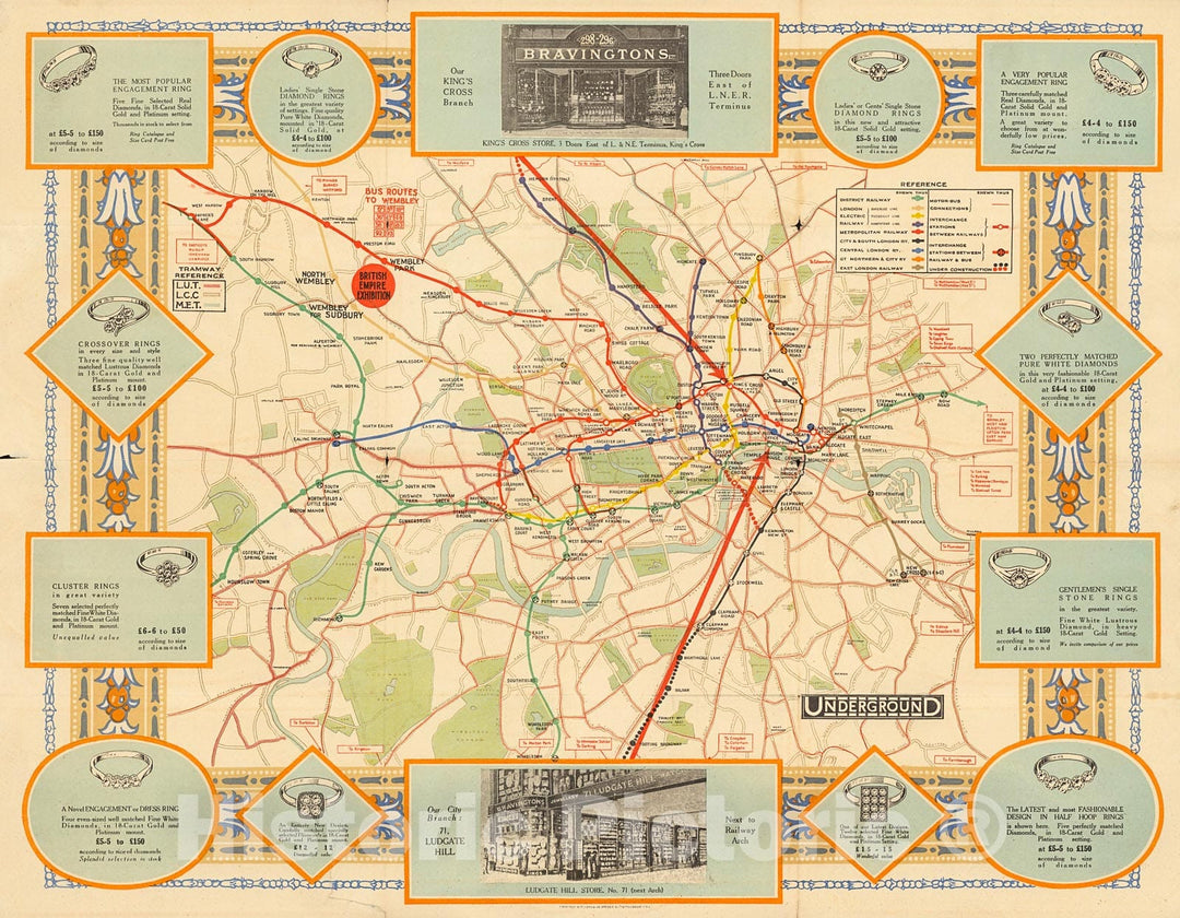 Historic Map : How to Get to Wembley, Map of the Underground Railways of London with Railway, Bus & Tram Connections., 1922, Vintage Wall Decor