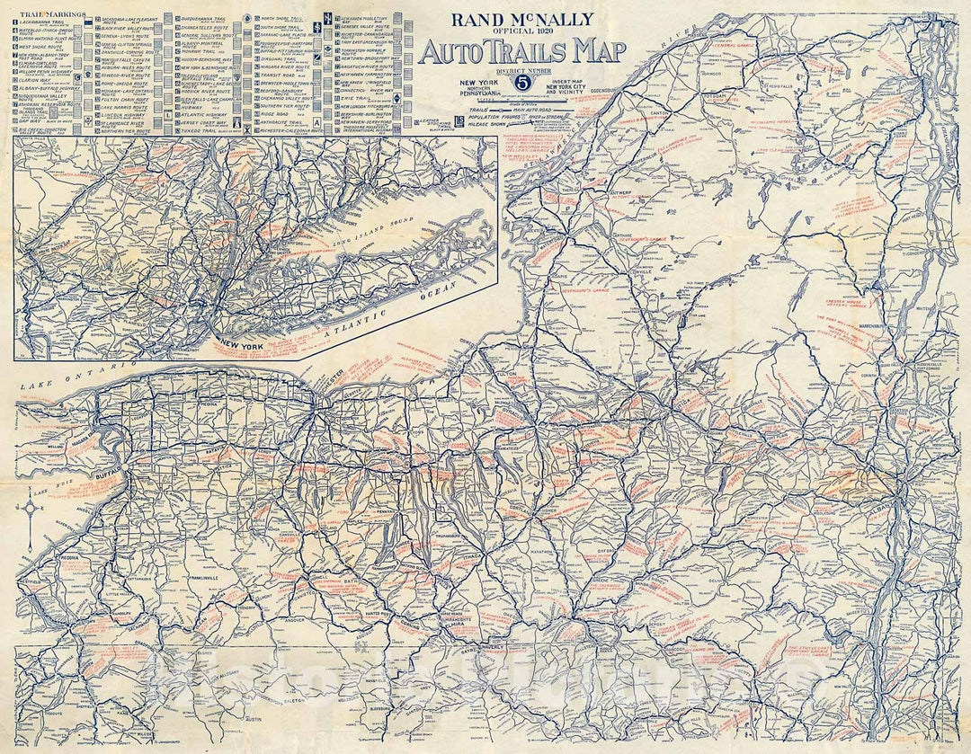 Historic Map : Rand McNally Official 1920 Auto Trails Map New York, Northern Pennsylvania. District Number 5., 1920, Vintage Wall Decor