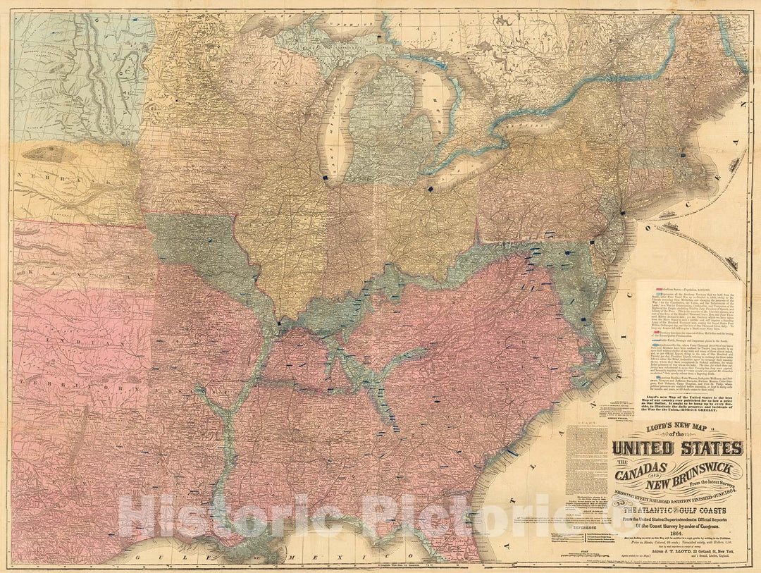 Historic Map : Lloyd's New Map of the United States, the Canadas and New Brunswick, showing every Railroads., 1864, Vintage Wall Decor